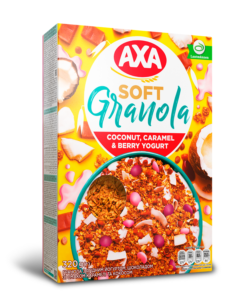 AXA Гранола з ягідним йогуртом, шоколадом зі смаком карамелі та кокосом
